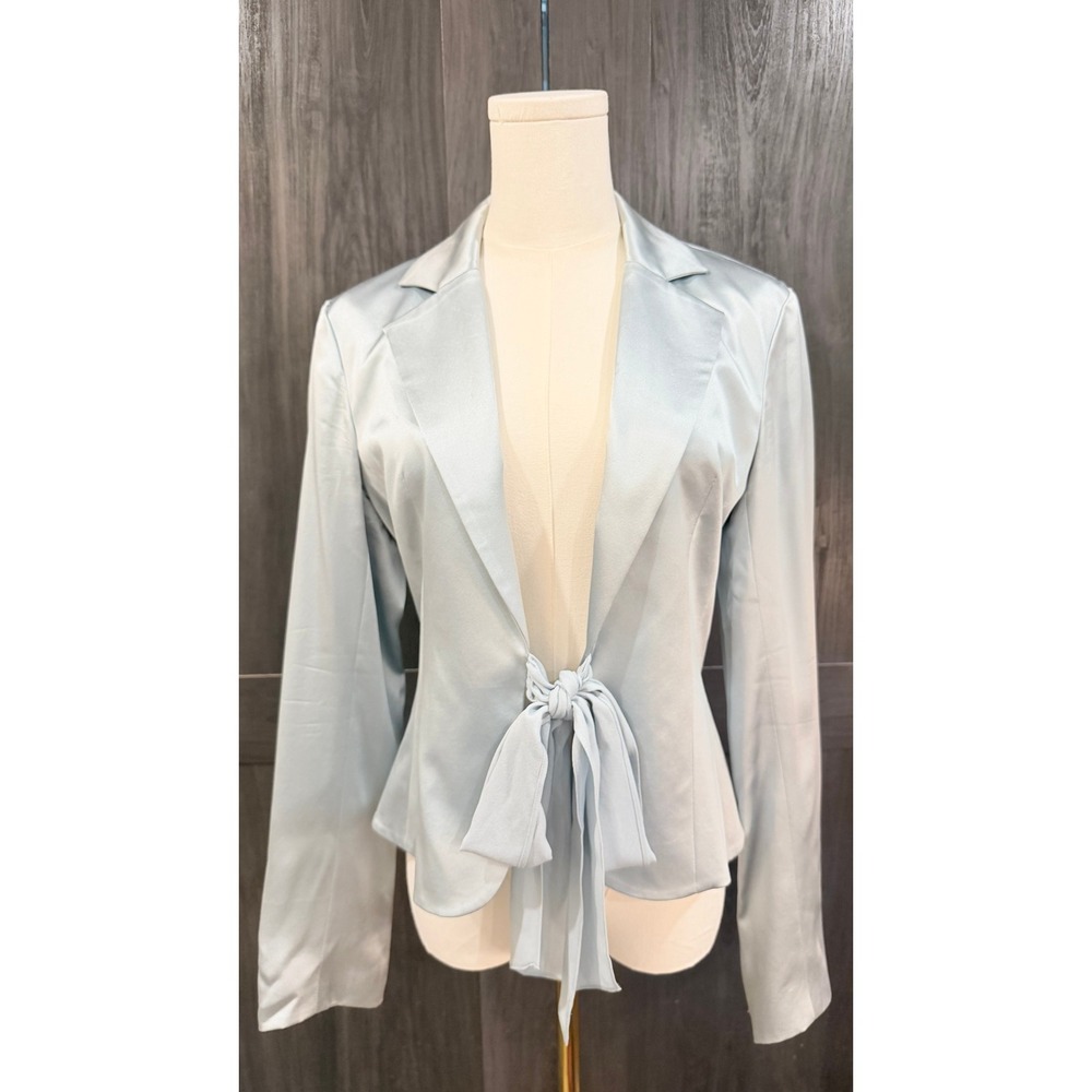 Vintage Adrianna Papell Light Blue 100% Silk Tie Front Blazer Jacket Size 8